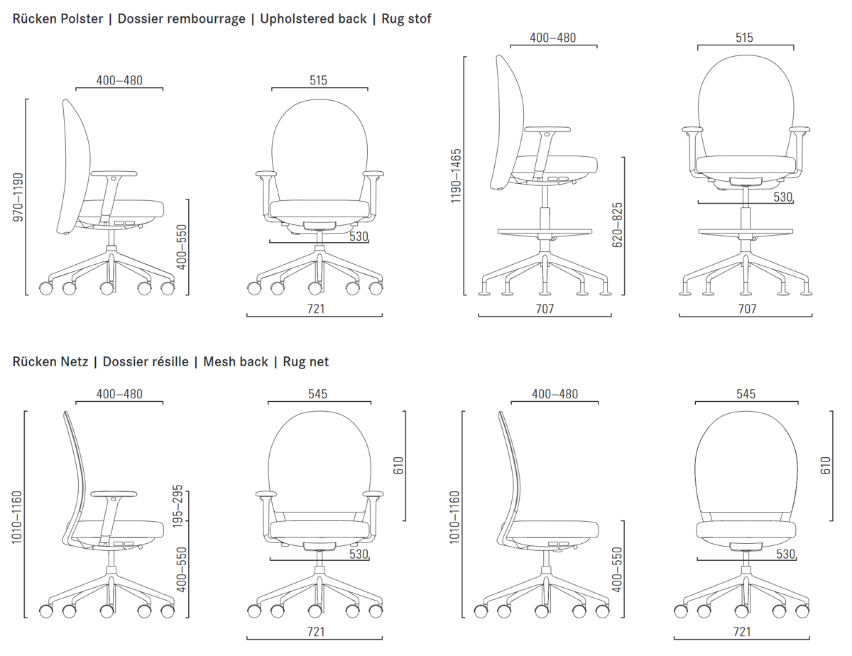 Abmessungen von Girsberger Marva Bürostuhl mit unsichtbar integrierten ergonomischen Funktionen