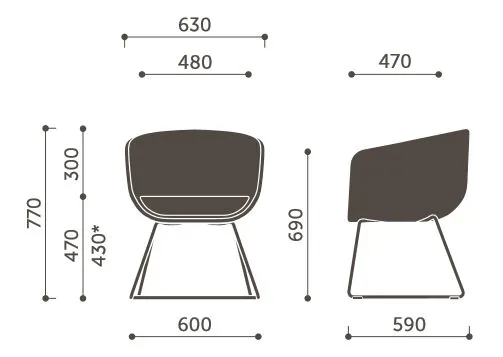 Abmessungen von Profim Nu 10V3 - Sessel mit Kufengestell, große Schale