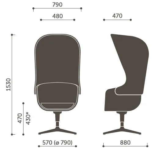 Abmessungen von Profim Nu 11F - Sessel mit Fußkreuz, große Schale, mit Kapuze, Gleiter