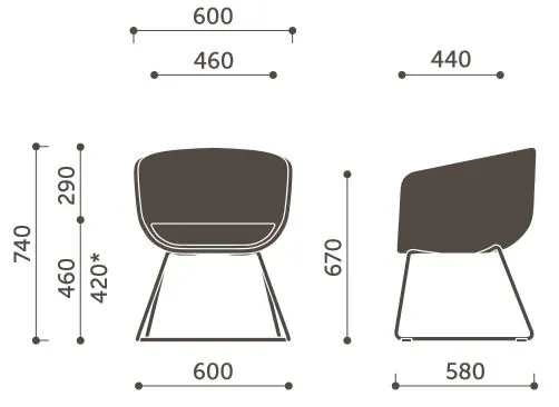 Abmessungen von Profim Nu 20V3 - Sessel mit Kufengestell, kleine Schale,